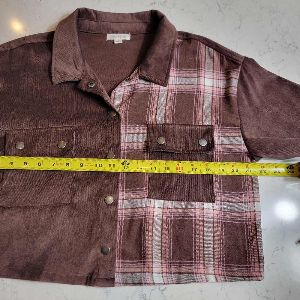 Ultra Flirt Western Plaid Cropped Snap Button Jacket Women’s XL (Juniors) brown - Picture 4 of 12